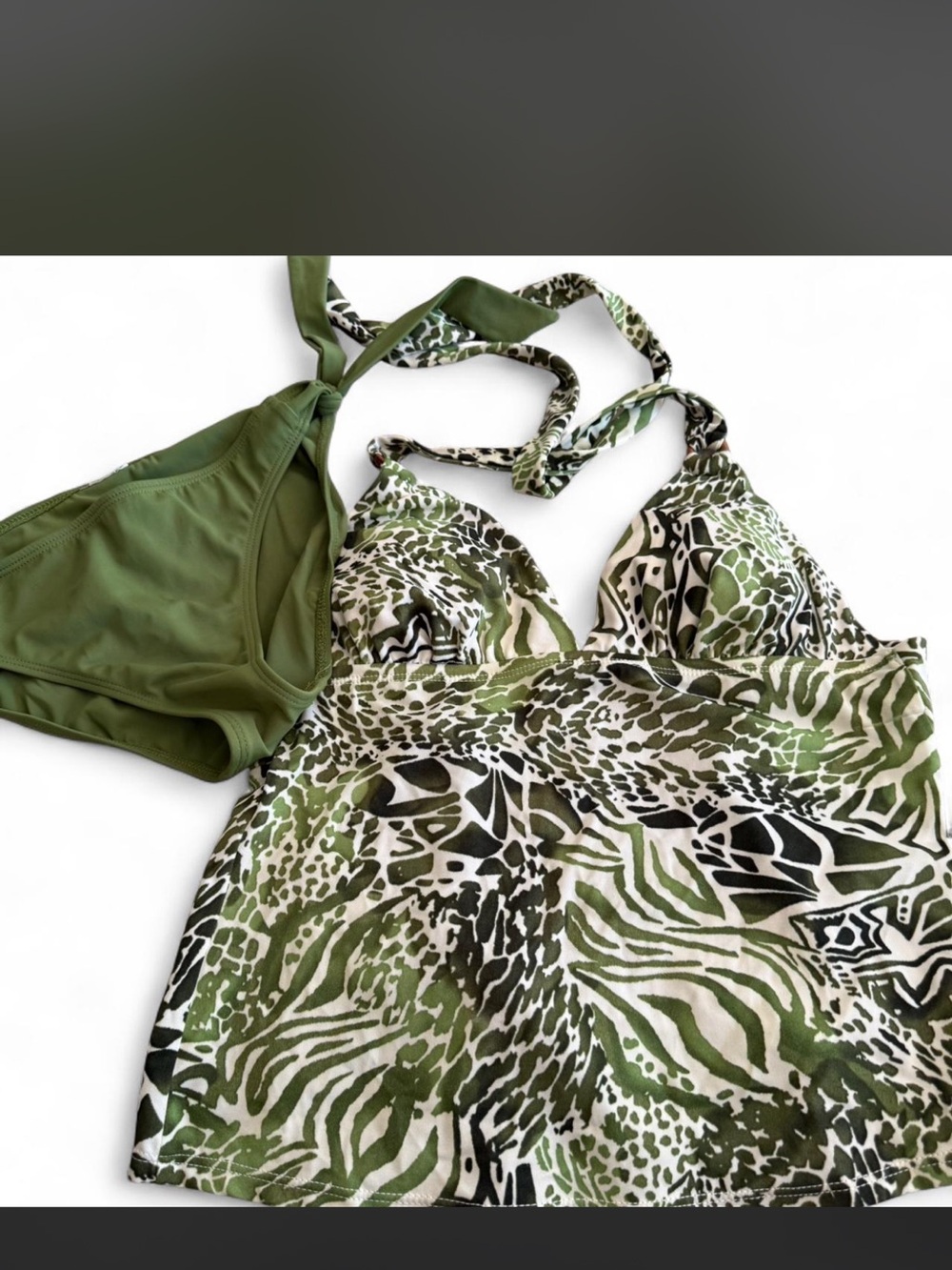 Green Animal Print Tankini Top with Solid Green Bikini Bottom